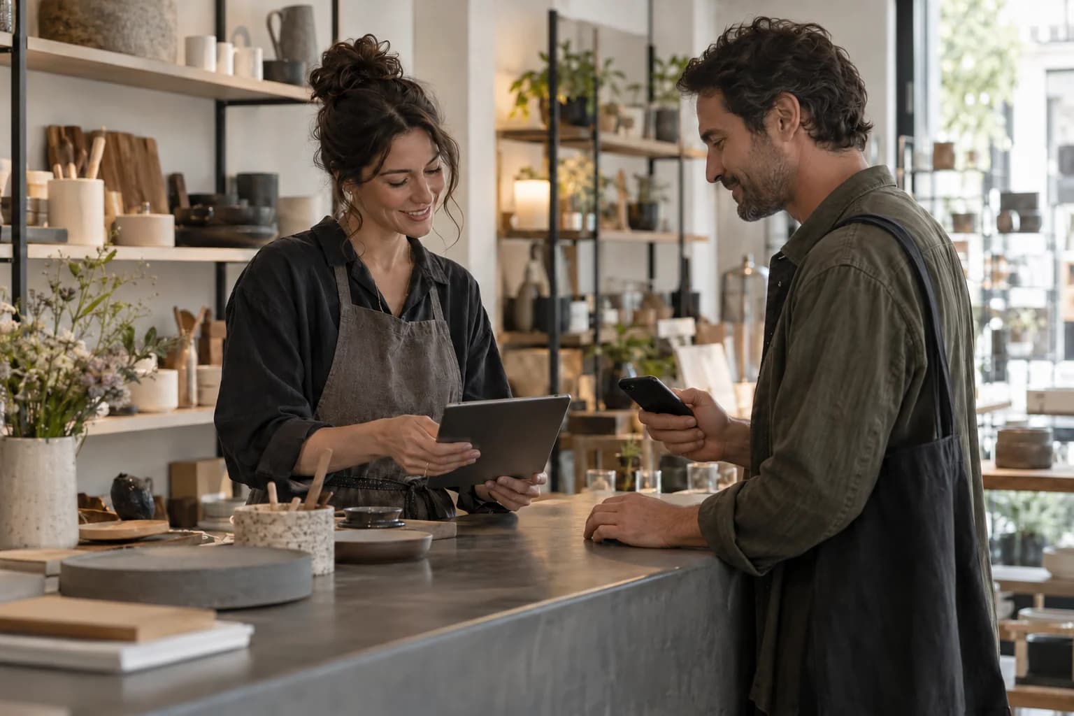 Illustrative shop owner discussing a purchase with a customer