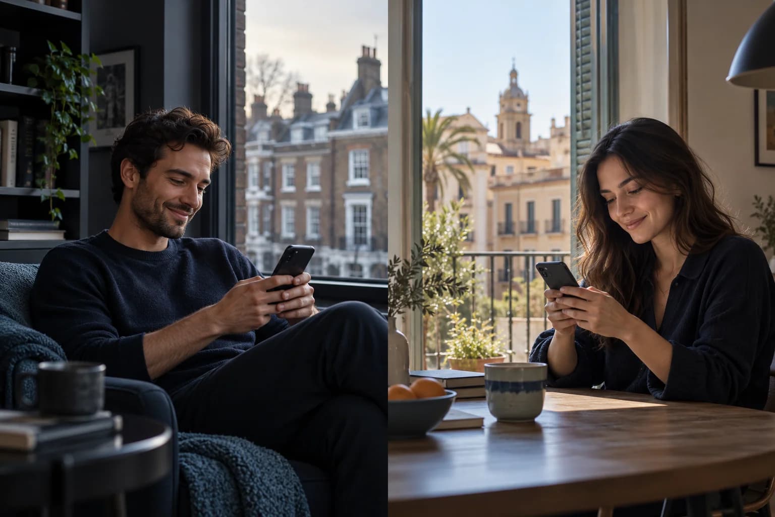 Illustration of two people using phones in separate UK and Spanish homes